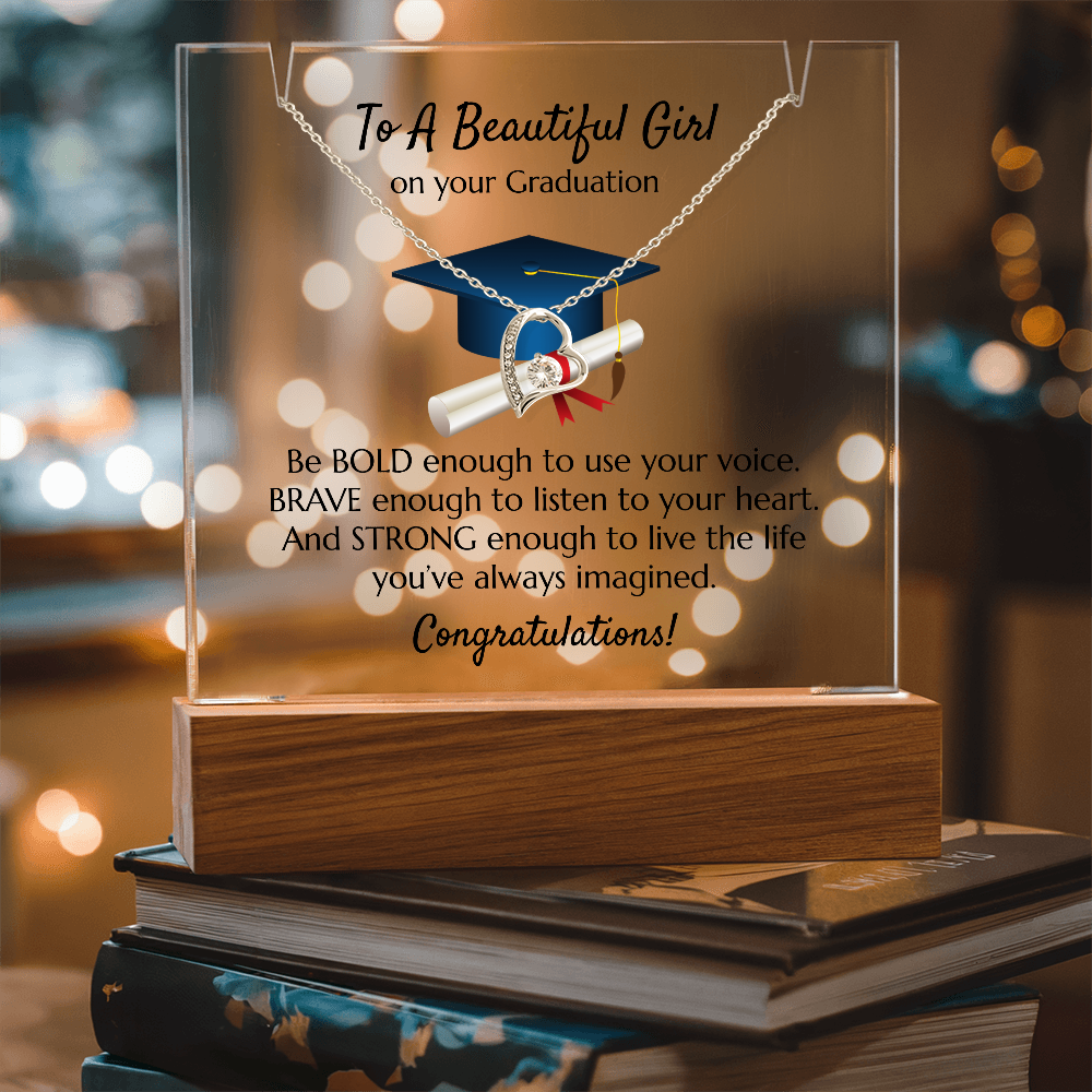 Graduation Heart Necklace with Acrylic Plaque Stand - Bold Brave Strong Gift for Her