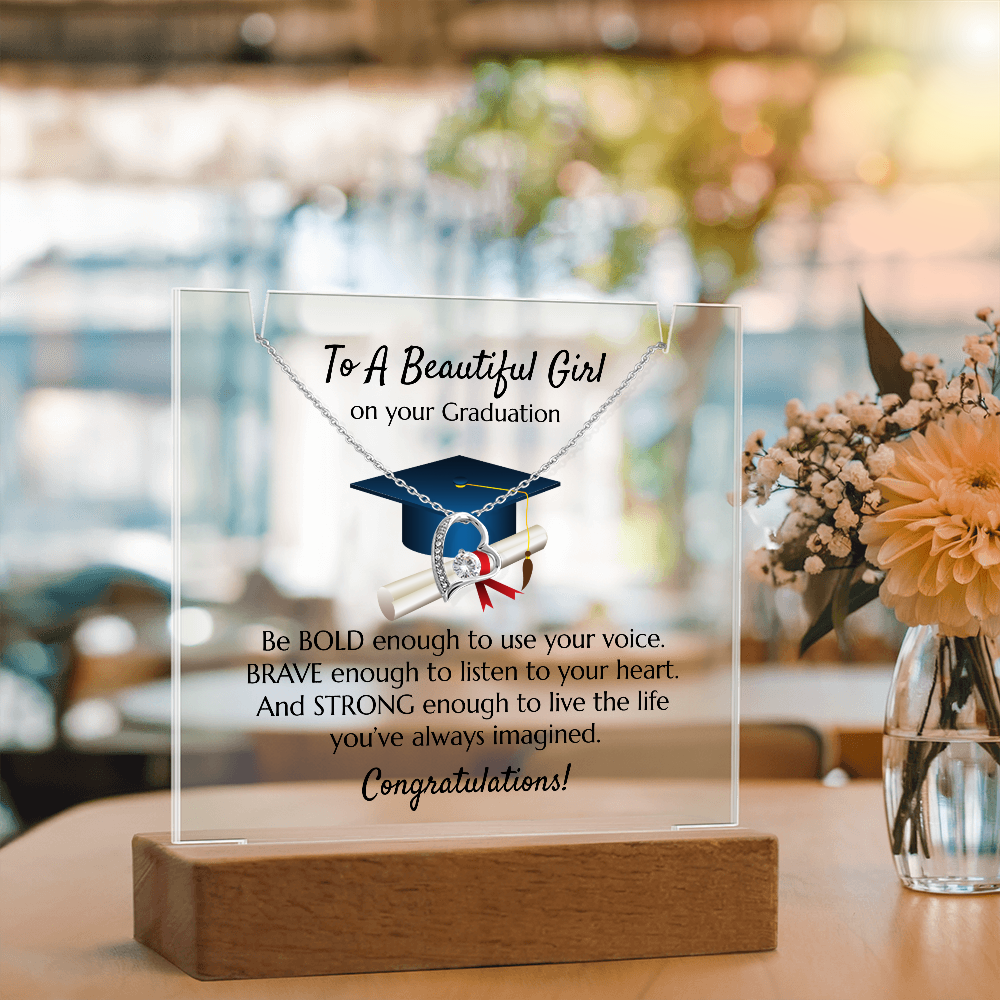 Graduation Heart Necklace with Acrylic Plaque Stand - Bold Brave Strong Gift for Her