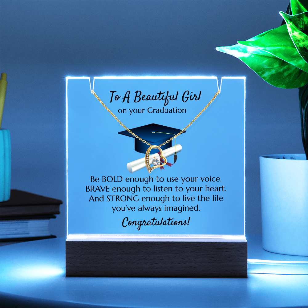Graduation Heart Necklace with Acrylic Plaque Stand - Bold Brave Strong Gift for Her