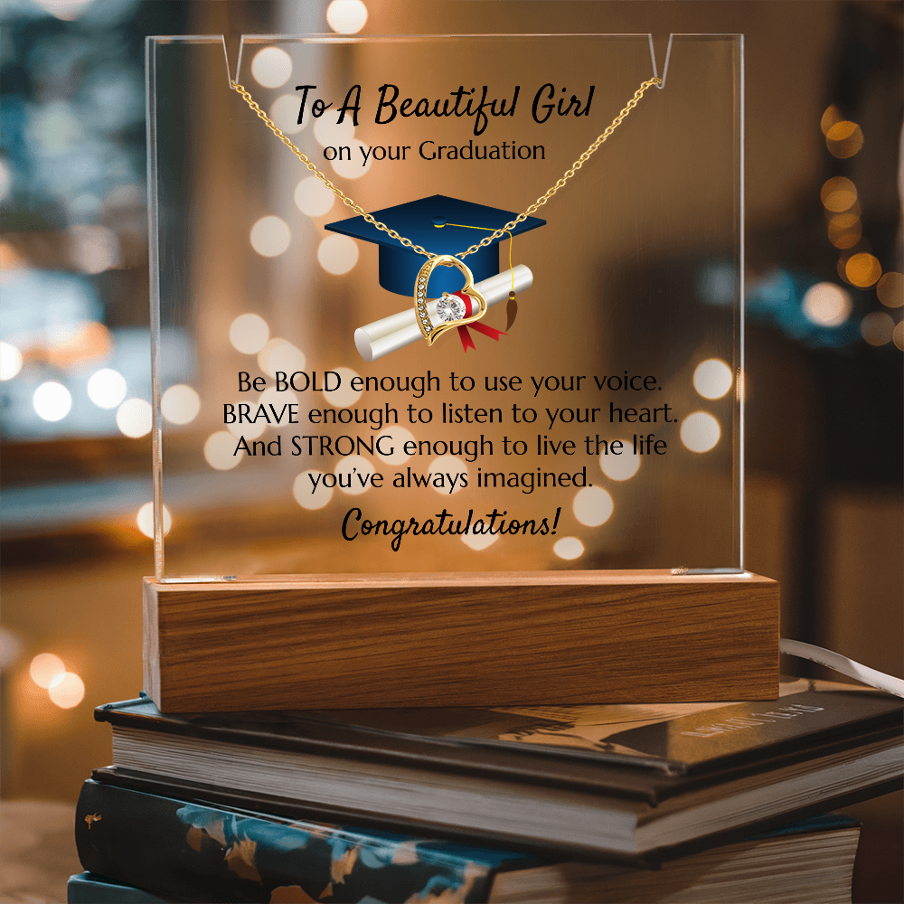 Graduation Heart Necklace with Acrylic Plaque Stand - Bold Brave Strong Gift for Her
