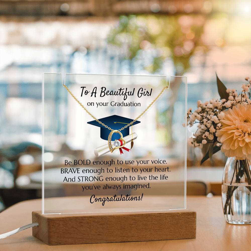 Graduation Heart Necklace with Acrylic Plaque Stand - Bold Brave Strong Gift for Her