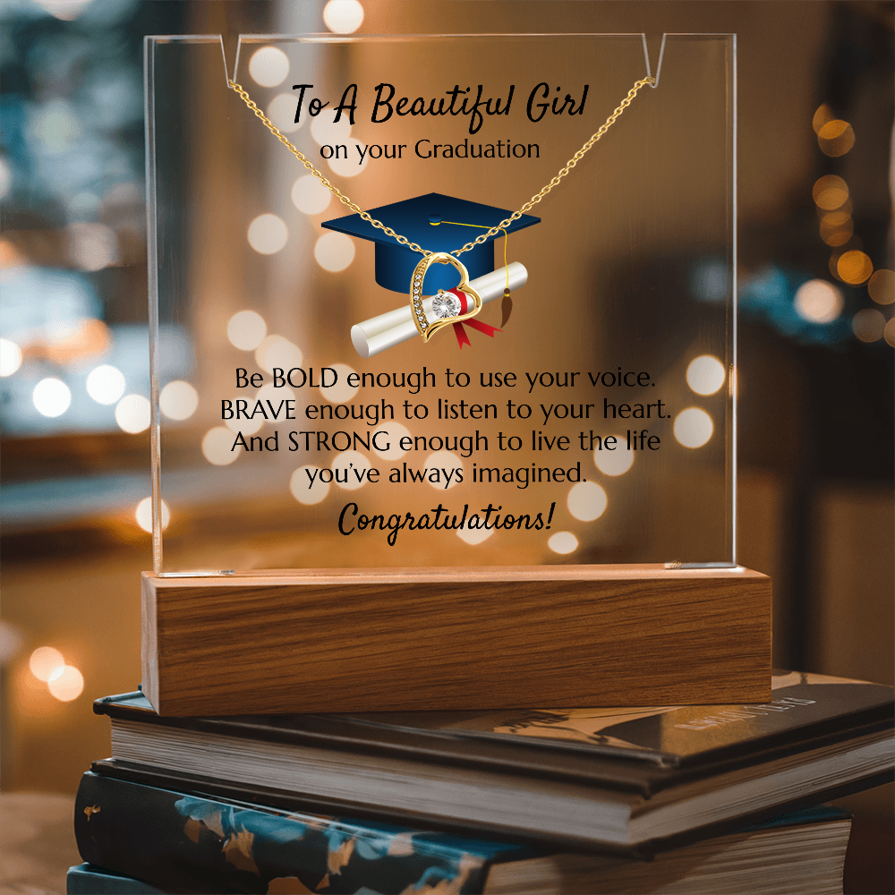 Graduation Heart Necklace with Acrylic Plaque Stand - Bold Brave Strong Gift for Her