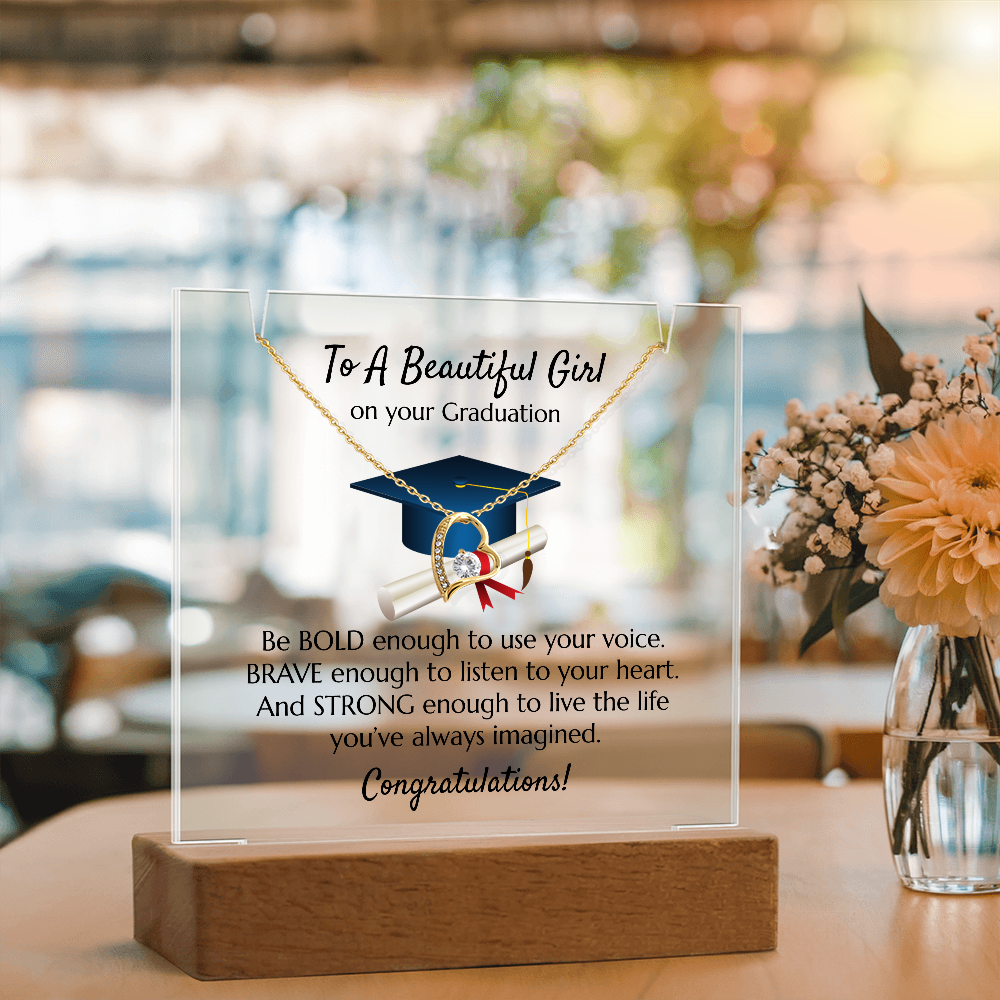 Graduation Heart Necklace with Acrylic Plaque Stand - Bold Brave Strong Gift for Her