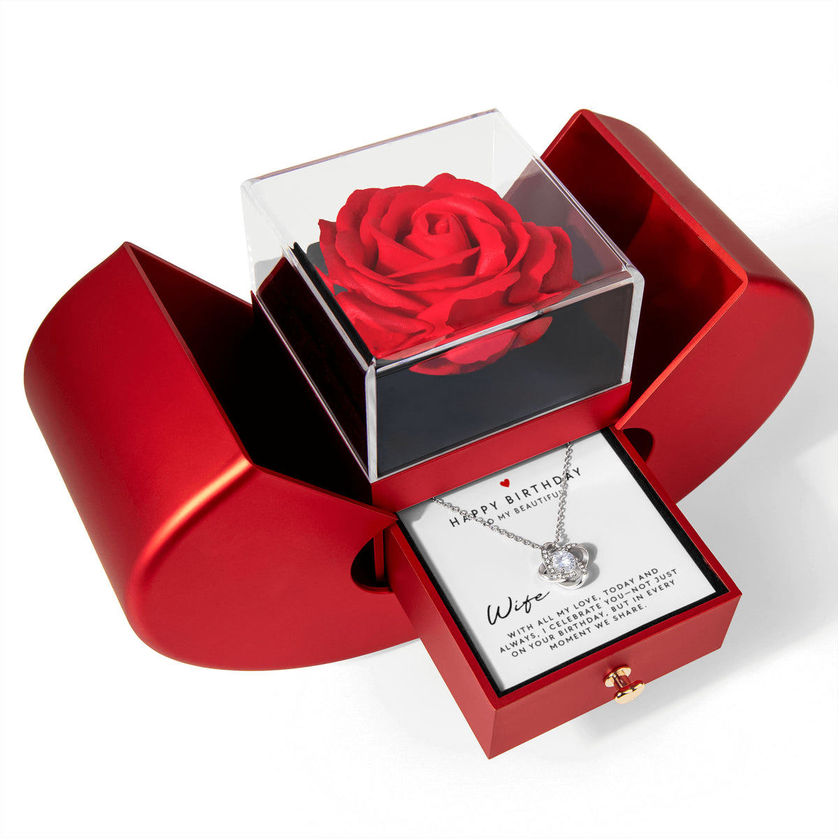 Happy Birthday to My Beautiful Wife – Rose Box & Love Knot Necklace Gift Set | Romantic Birthday Gift for Her