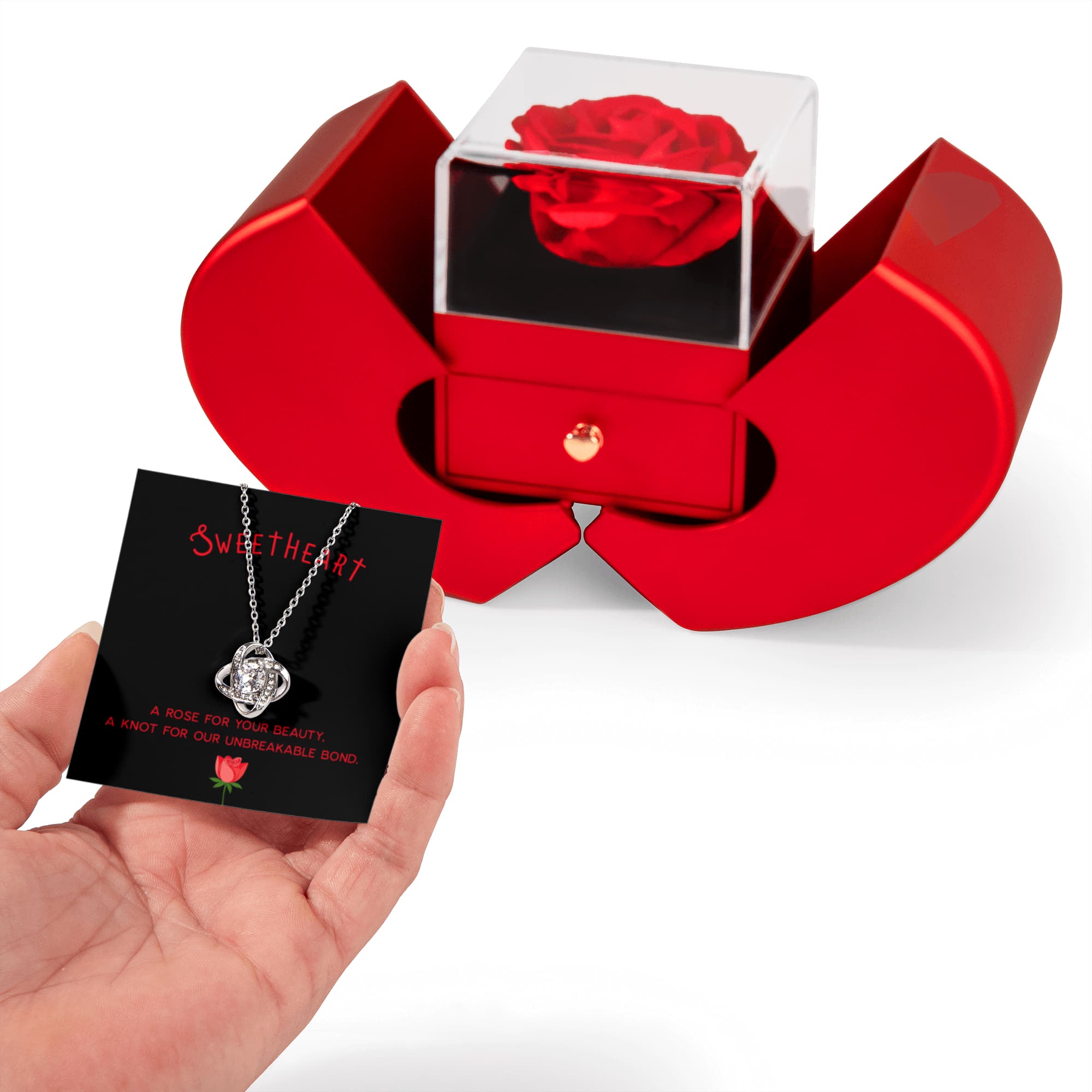 Rose Box & Love Knot Necklace Gift Set – Eternal Love Jewelry Gift for Her | Romantic Anniversary or Birthday Gift