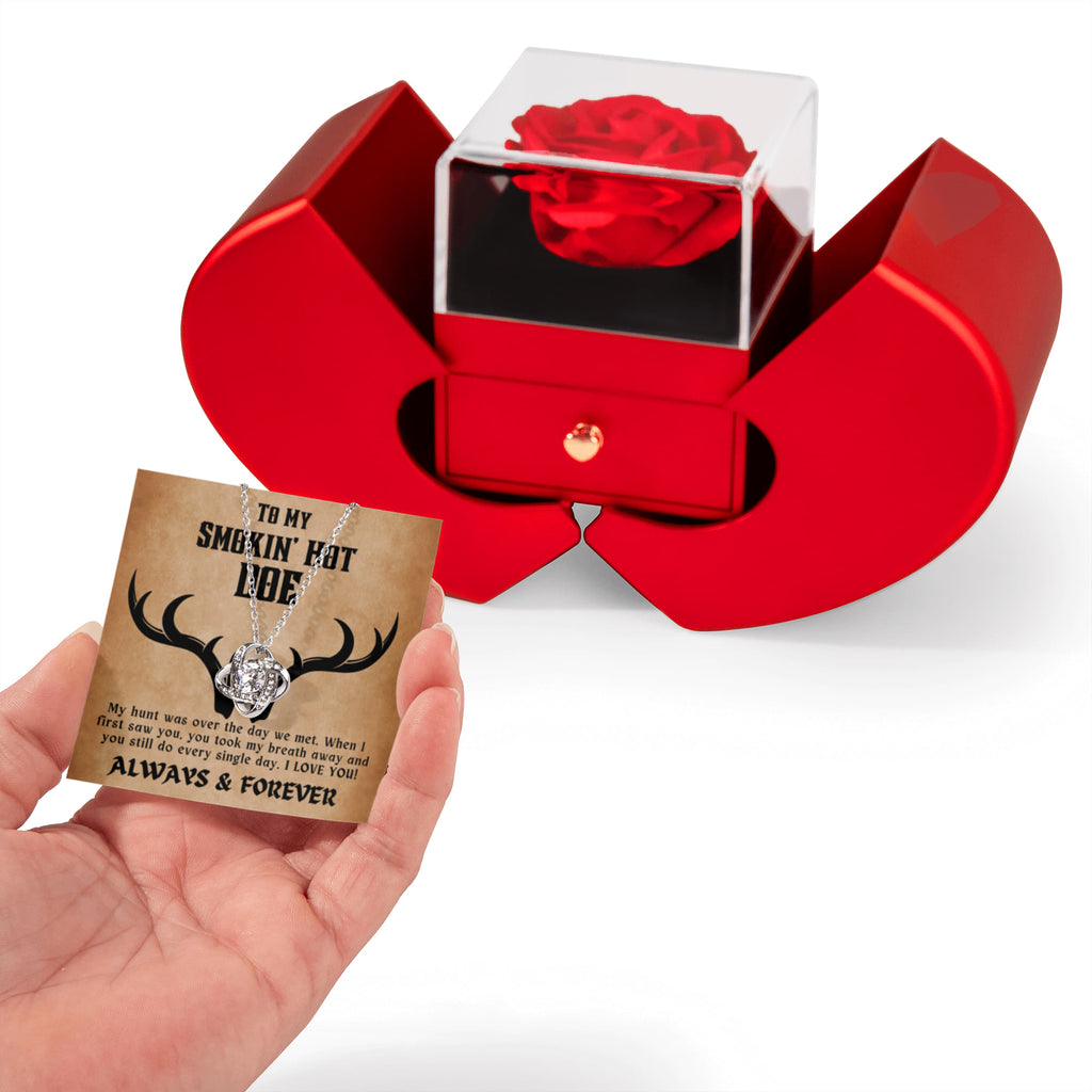 To My Smokin’ Hot Doe – Red Rose Box & Love Knot Necklace Gift for Wife or Girlfriend | Christmas, Valentine’s Day, Anniversary