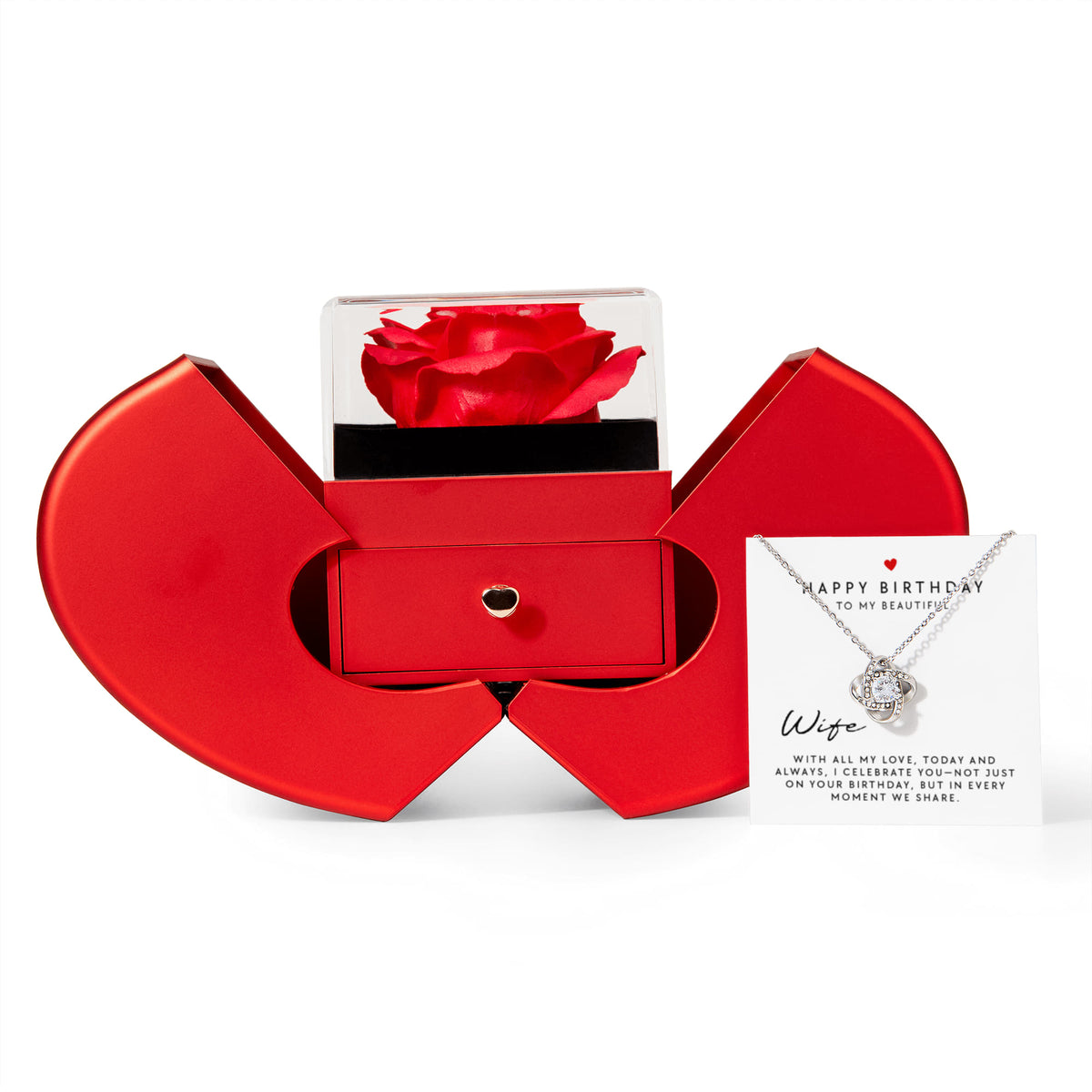 Luxury red rose box revealing Love Knot Necklace with Happy Birthday message card, romantic birthday gift for wife