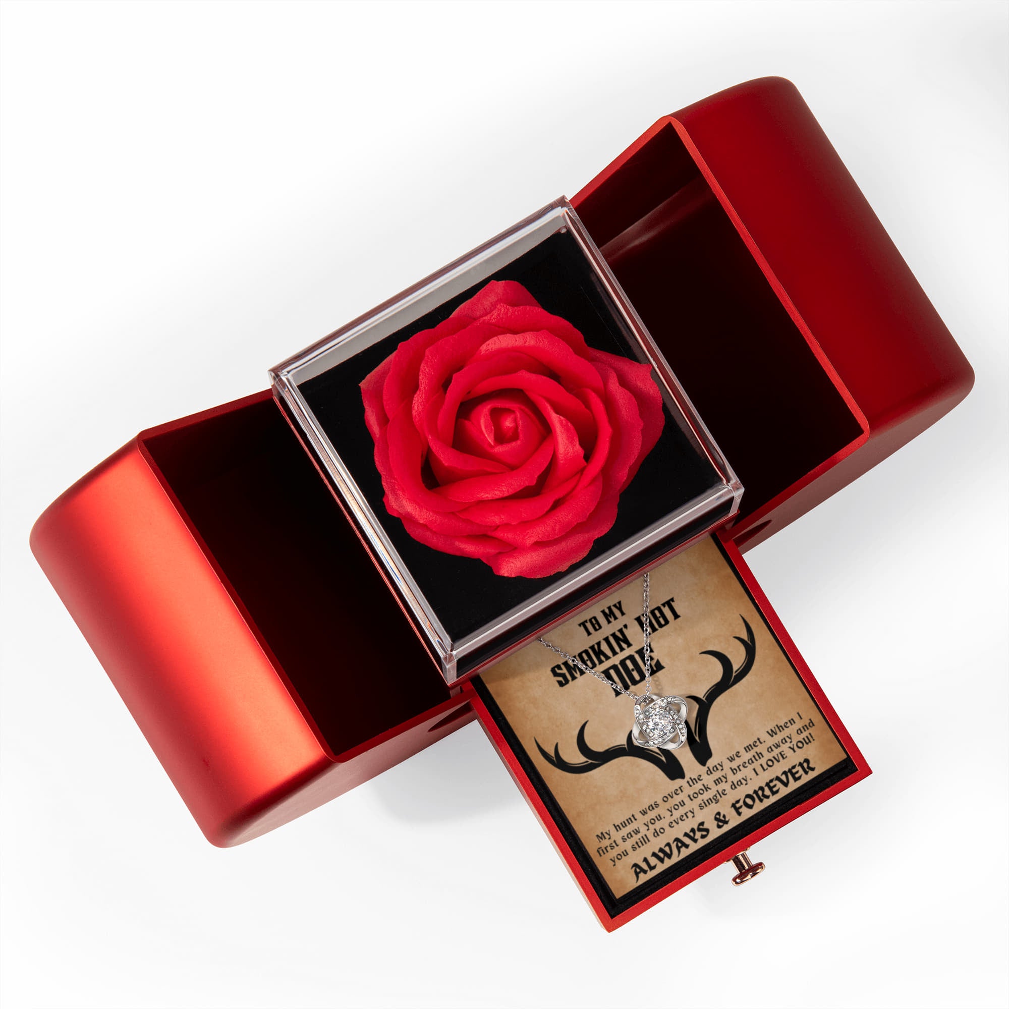 To My Smokin’ Hot Doe – Red Rose Box & Love Knot Necklace Gift for Wife or Girlfriend | Christmas, Valentine’s Day, Anniversary