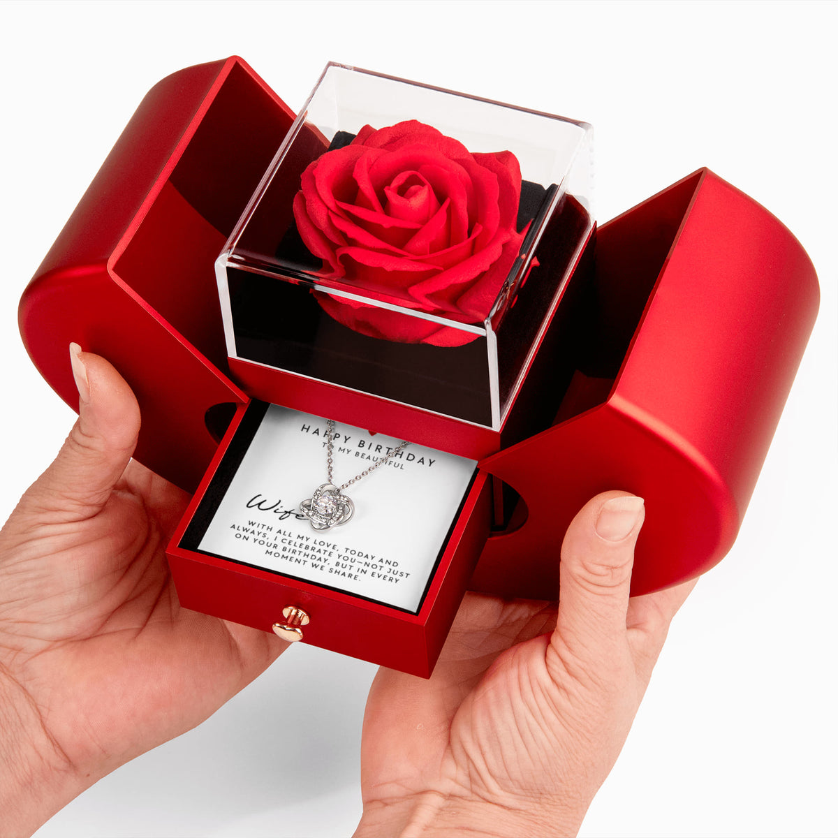Red heart-shaped rose box with Love Knot Necklace and birthday message card for wife, elegant romantic jewelry gift set