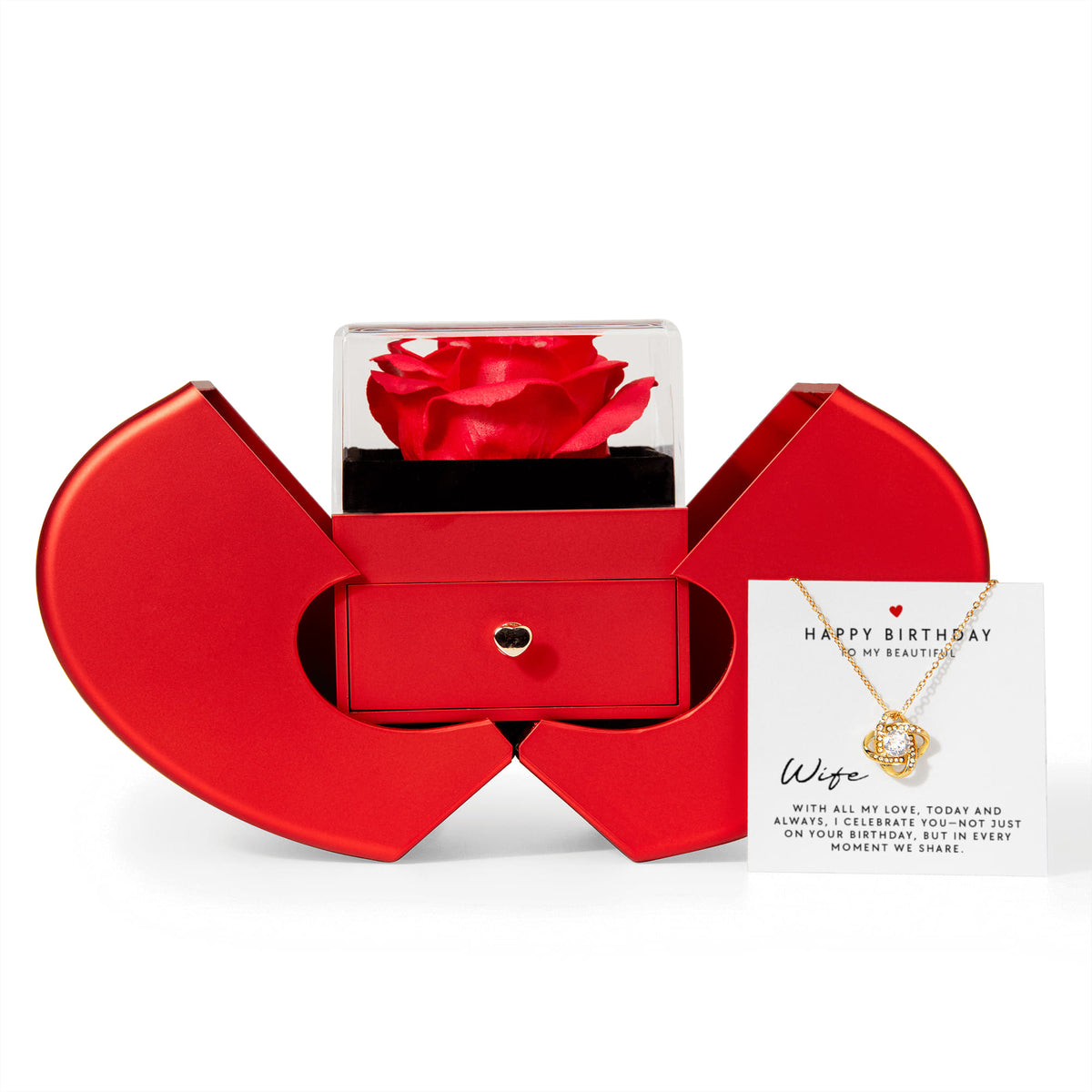 Happy Birthday to My Beautiful Wife – Rose Box & Love Knot Necklace Gift Set | Romantic Birthday Gift for Her