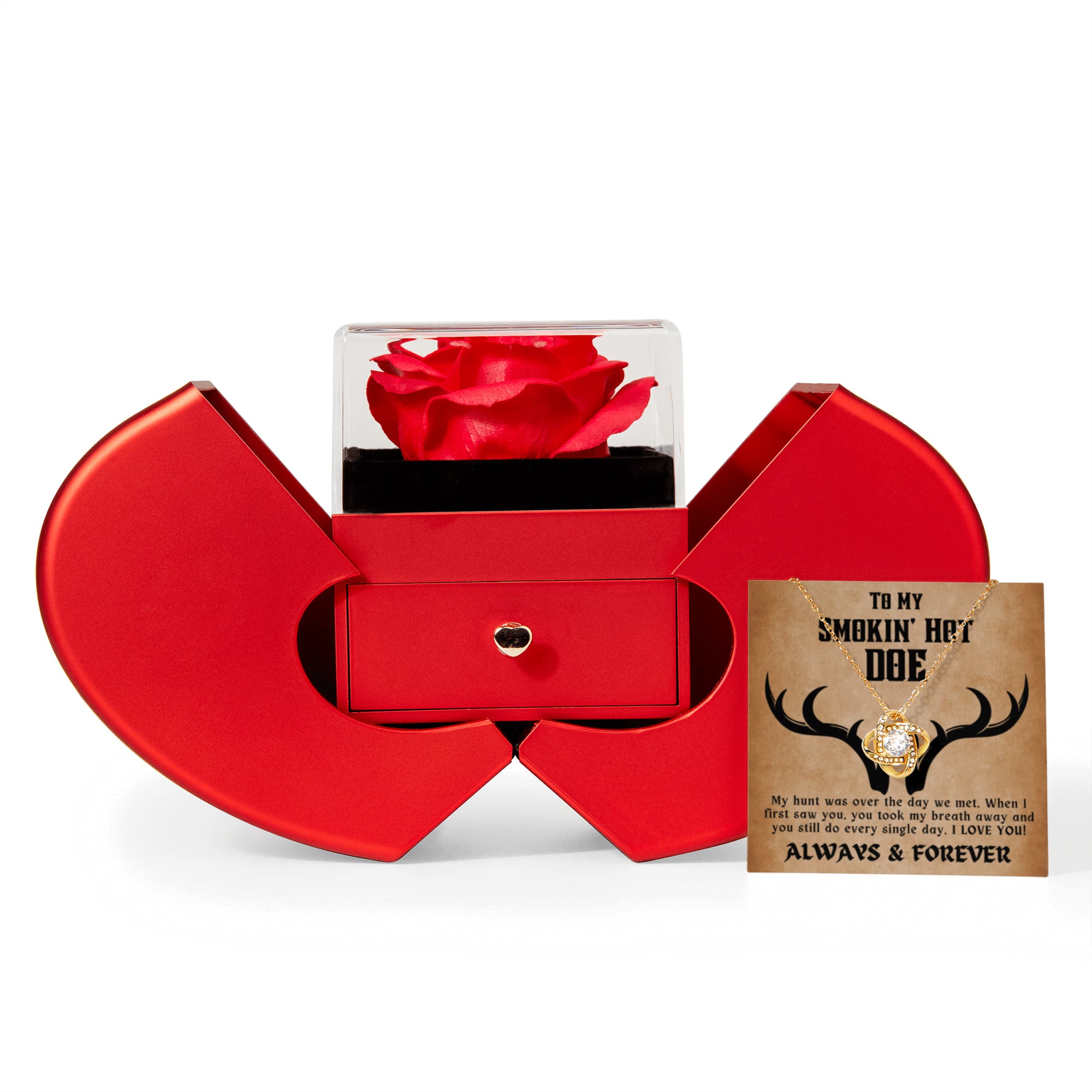 To My Smokin’ Hot Doe – Red Rose Box & Love Knot Necklace Gift for Wife or Girlfriend | Christmas, Valentine’s Day, Anniversary