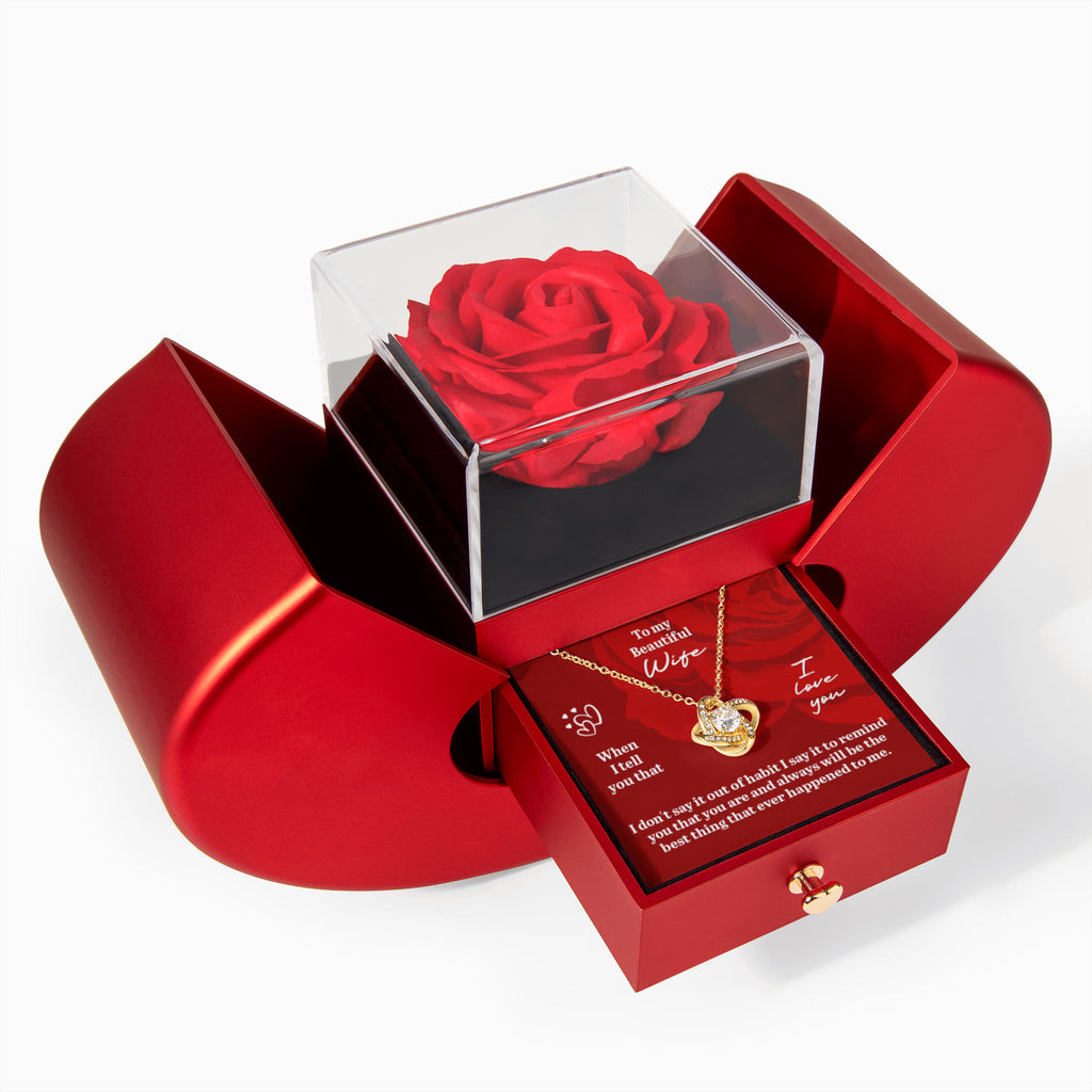 To My Beautiful Wife – Rose Box & Love Knot Necklace Gift Set with Heartfelt Message Card | Romantic Anniversary or Birthday Gift