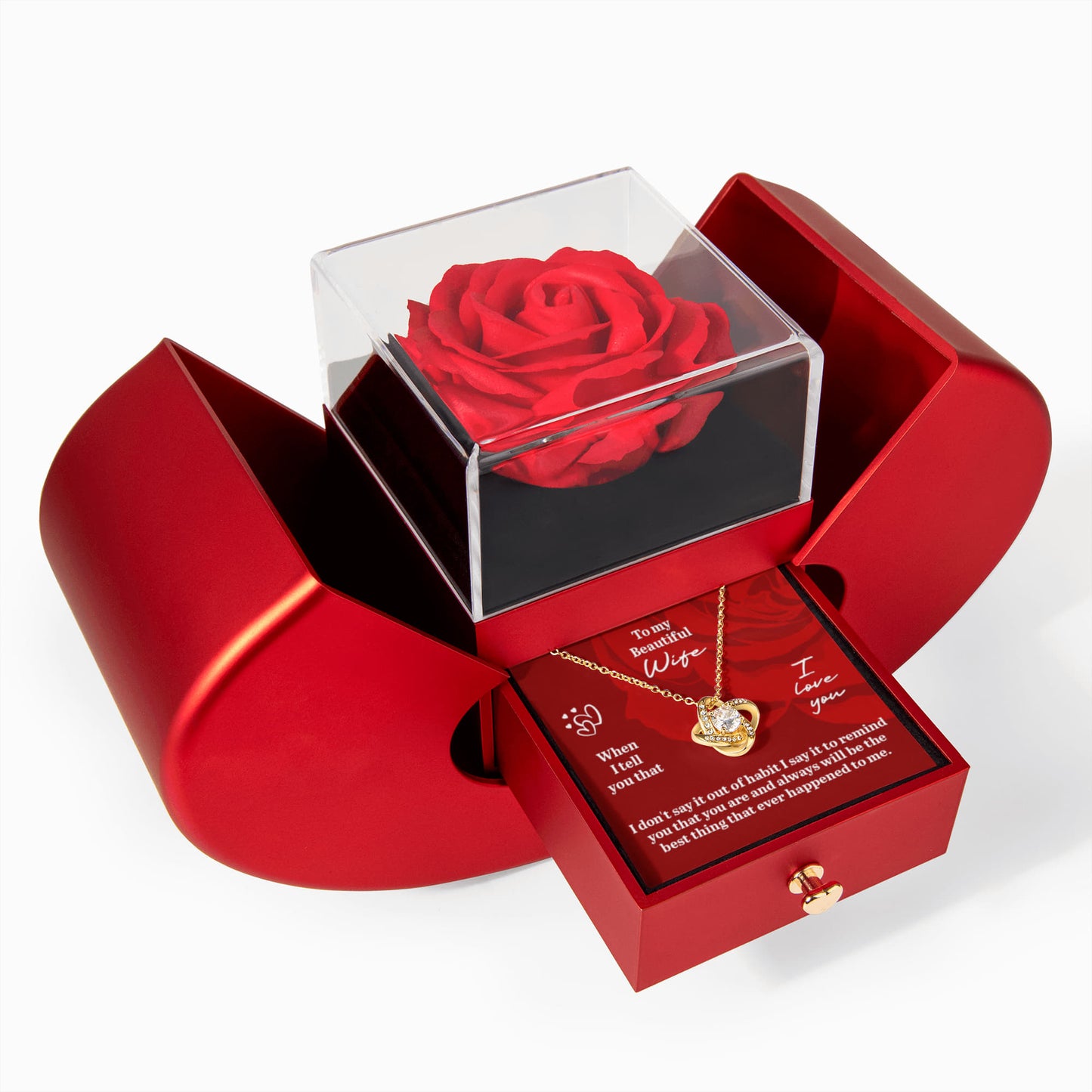 To My Beautiful Wife – Rose Box & Love Knot Necklace Gift Set with Heartfelt Message Card | Romantic Anniversary or Birthday Gift
