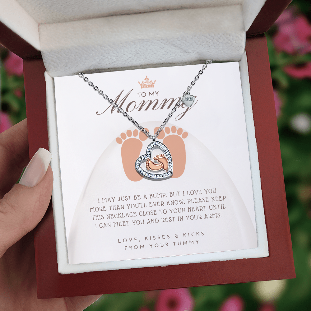 To My Mommy Necklace Gift from Baby Bump, Heart Footprint Pendant for Expectant Mom, New Mom Birthday Christmas Gift, Meaningful Mommy To Be Jewelry