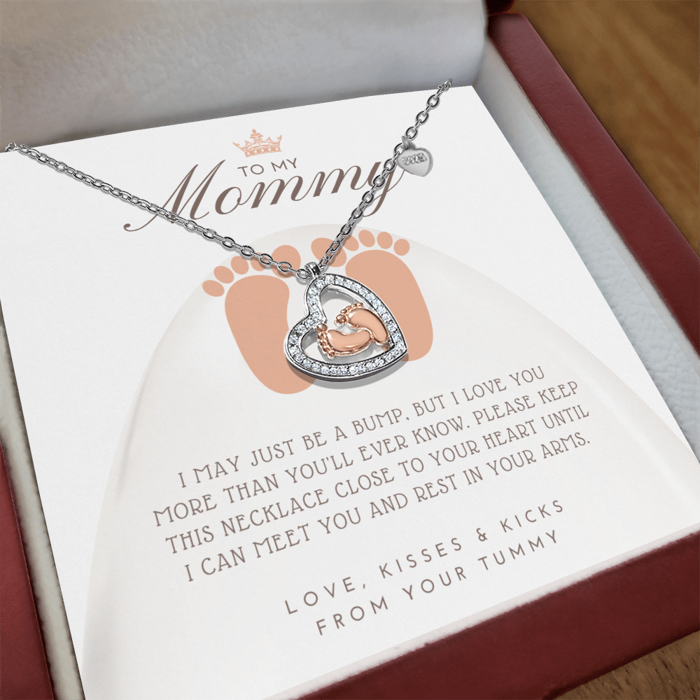 To My Mommy Necklace Gift from Baby Bump, Heart Footprint Pendant for Expectant Mom, New Mom Birthday Christmas Gift, Meaningful Mommy To Be Jewelry