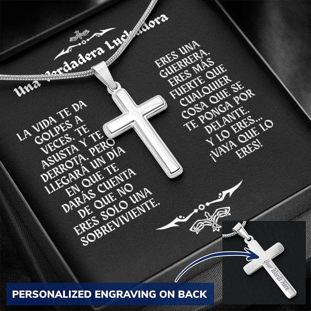 Collar con Cruz y Mensaje en Español - Una Verdadera Luchadora - Regalo para Mujer