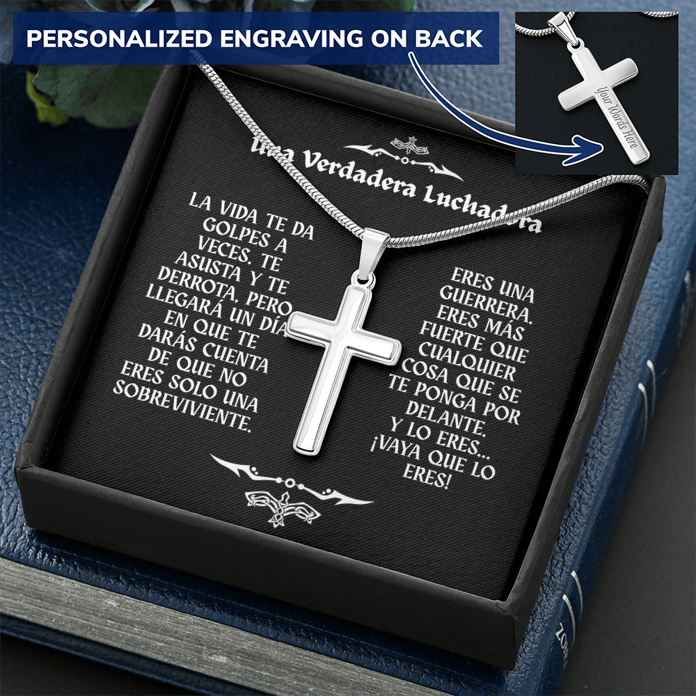 Collar con Cruz y Mensaje en Español - Una Verdadera Luchadora - Regalo para Mujer
