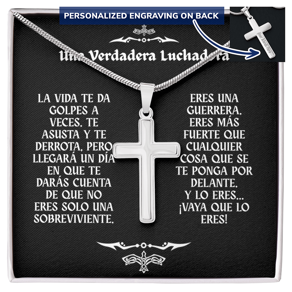 Collar con Cruz y Mensaje en Español - Una Verdadera Luchadora - Regalo para Mujer
