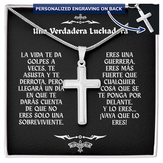 Collar con Cruz y Mensaje en Español - Una Verdadera Luchadora - Regalo para Mujer