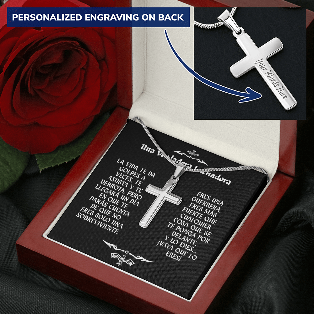 Collar con Cruz y Mensaje en Español - Una Verdadera Luchadora - Regalo para Mujer