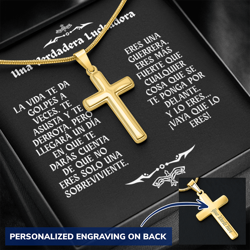 Collar con Cruz y Mensaje en Español - Una Verdadera Luchadora - Regalo para Mujer