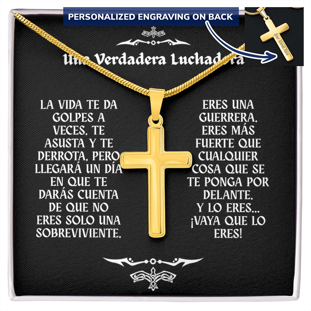 Collar con Cruz y Mensaje en Español - Una Verdadera Luchadora - Regalo para Mujer