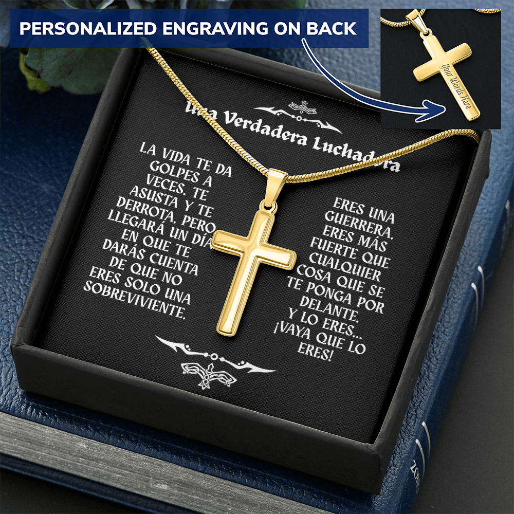 Collar con Cruz y Mensaje en Español - Una Verdadera Luchadora - Regalo para Mujer