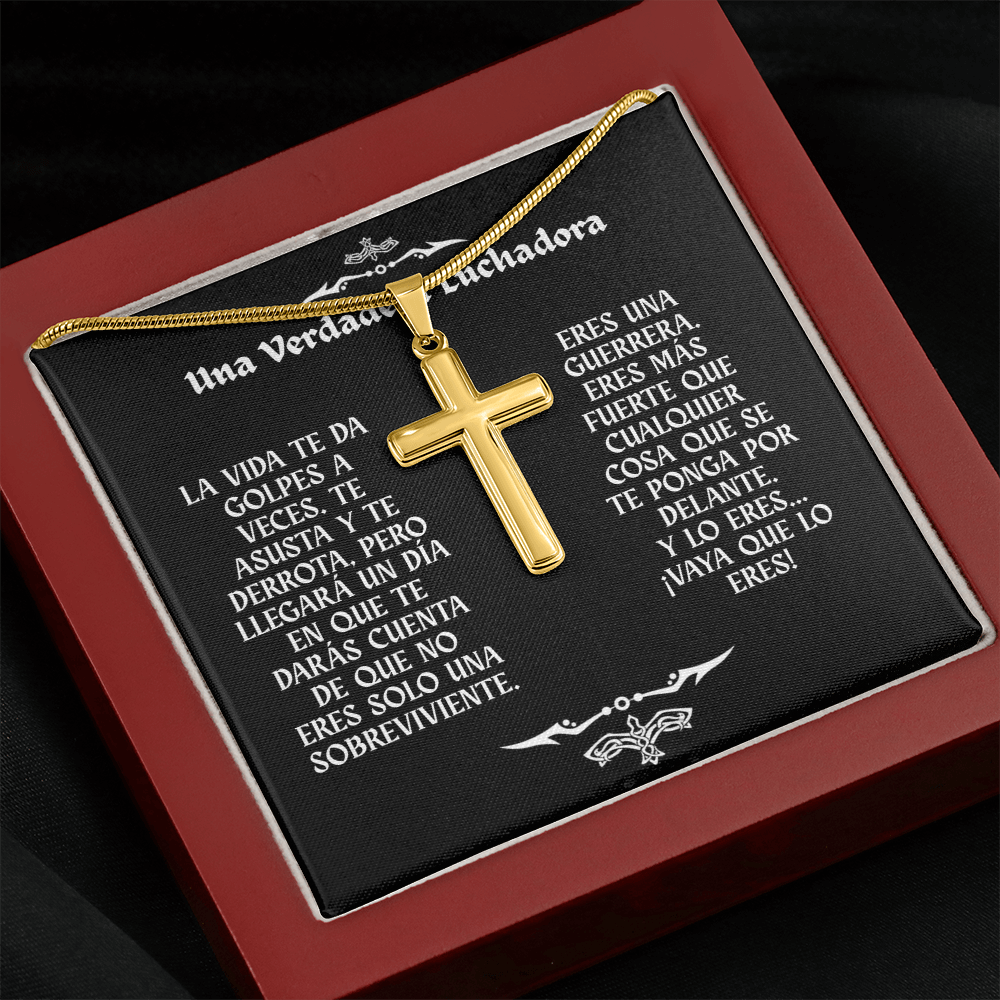 Collar con Cruz y Mensaje en Español - Una Verdadera Luchadora - Regalo para Mujer