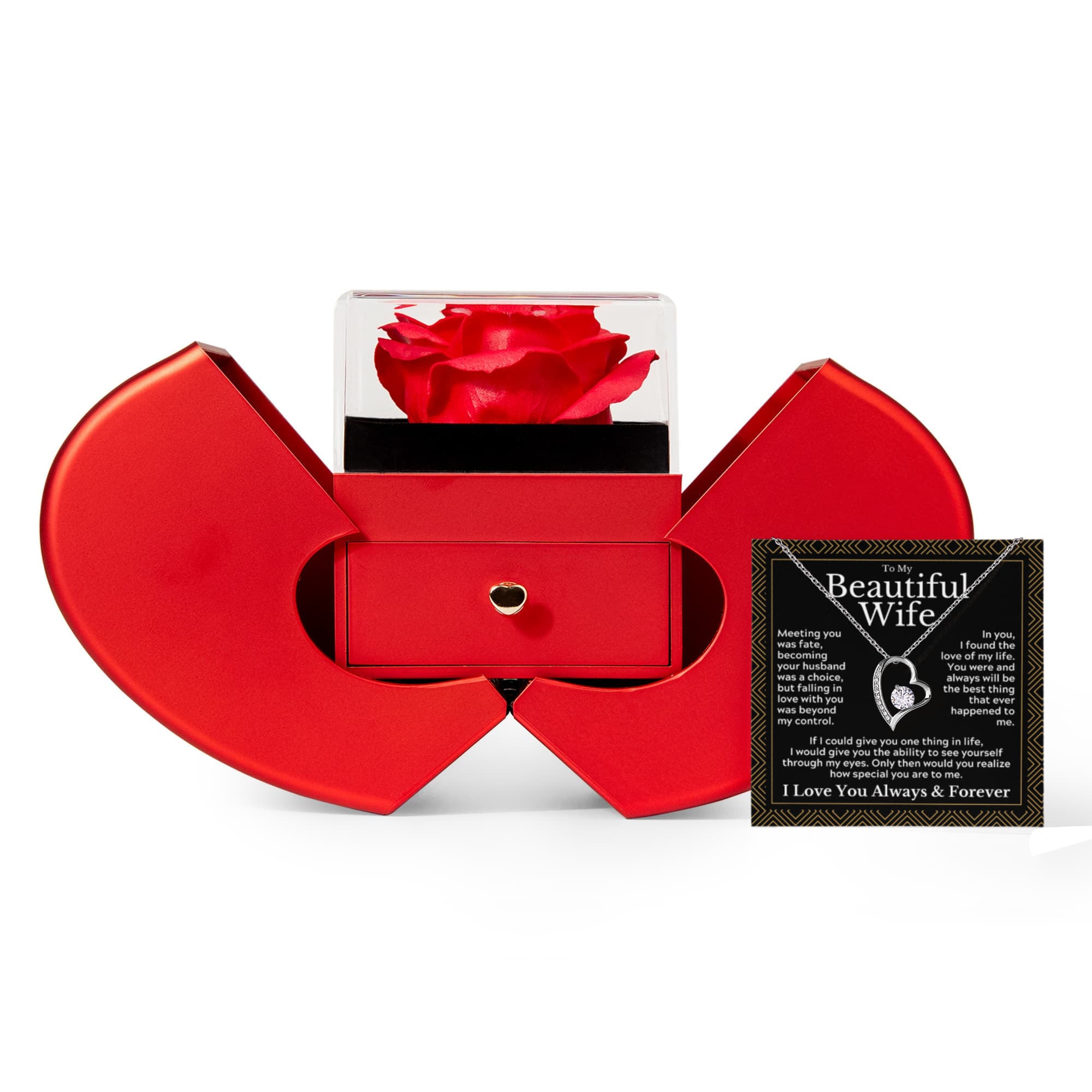 Eternal Rose Heart Gift Box with Forever Love Necklace – Romantic Anniversary Gift for Wife, Birthday & Valentine's Day Present
