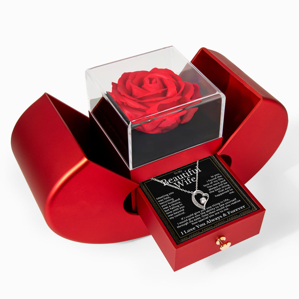 Eternal Rose Heart Gift Box with Forever Love Necklace – Romantic Anniversary Gift for Wife, Birthday & Valentine's Day Present