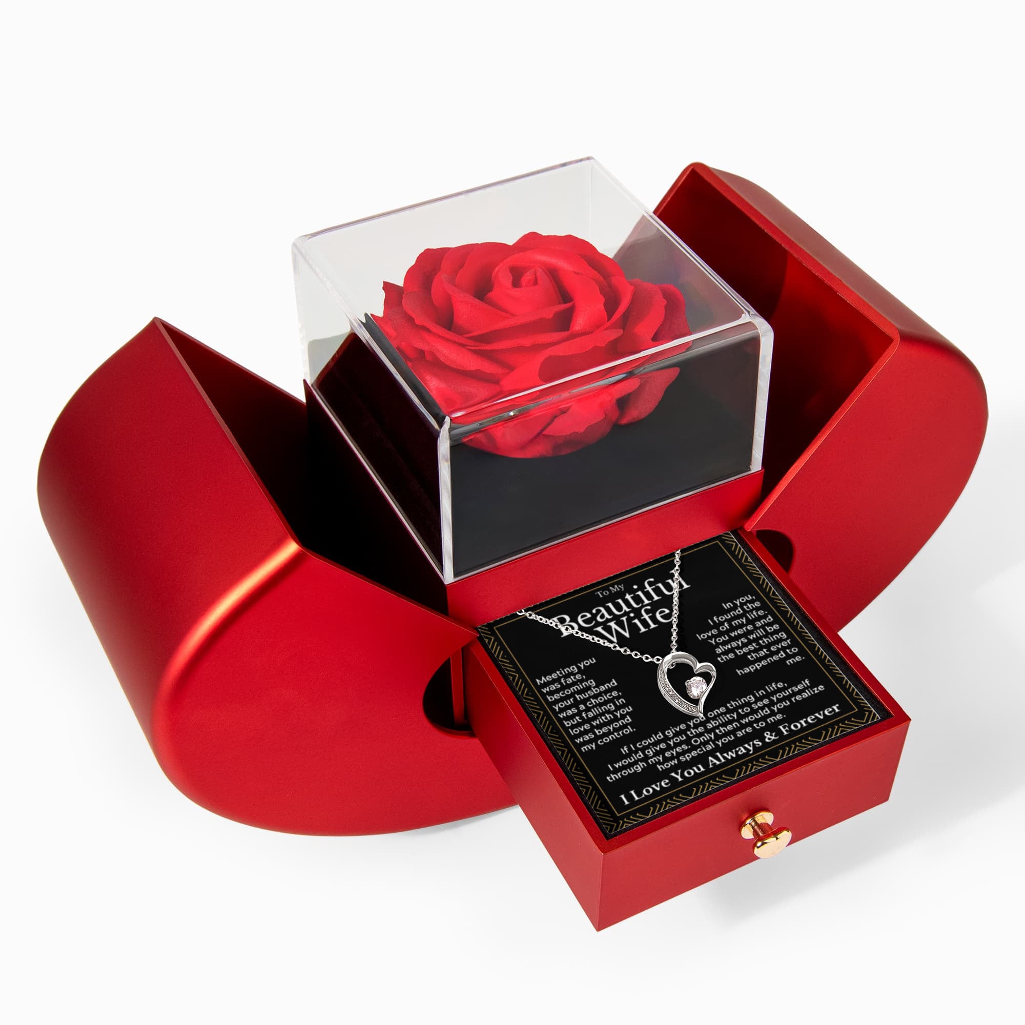 Eternal Rose Heart Gift Box with Forever Love Necklace – Romantic Anniversary Gift for Wife, Birthday & Valentine's Day Present