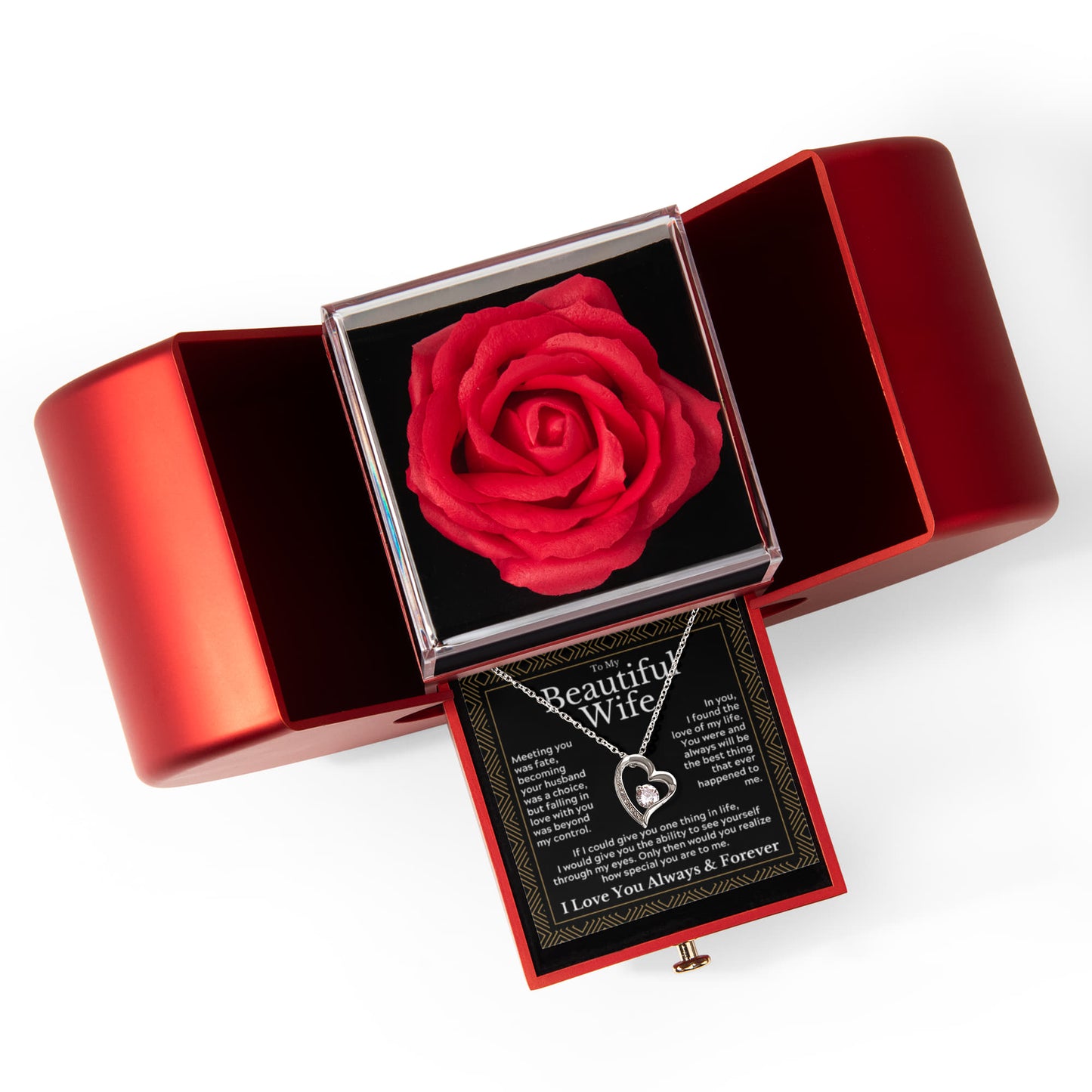 Eternal Rose Heart Gift Box with Forever Love Necklace – Romantic Anniversary Gift for Wife, Birthday & Valentine's Day Present