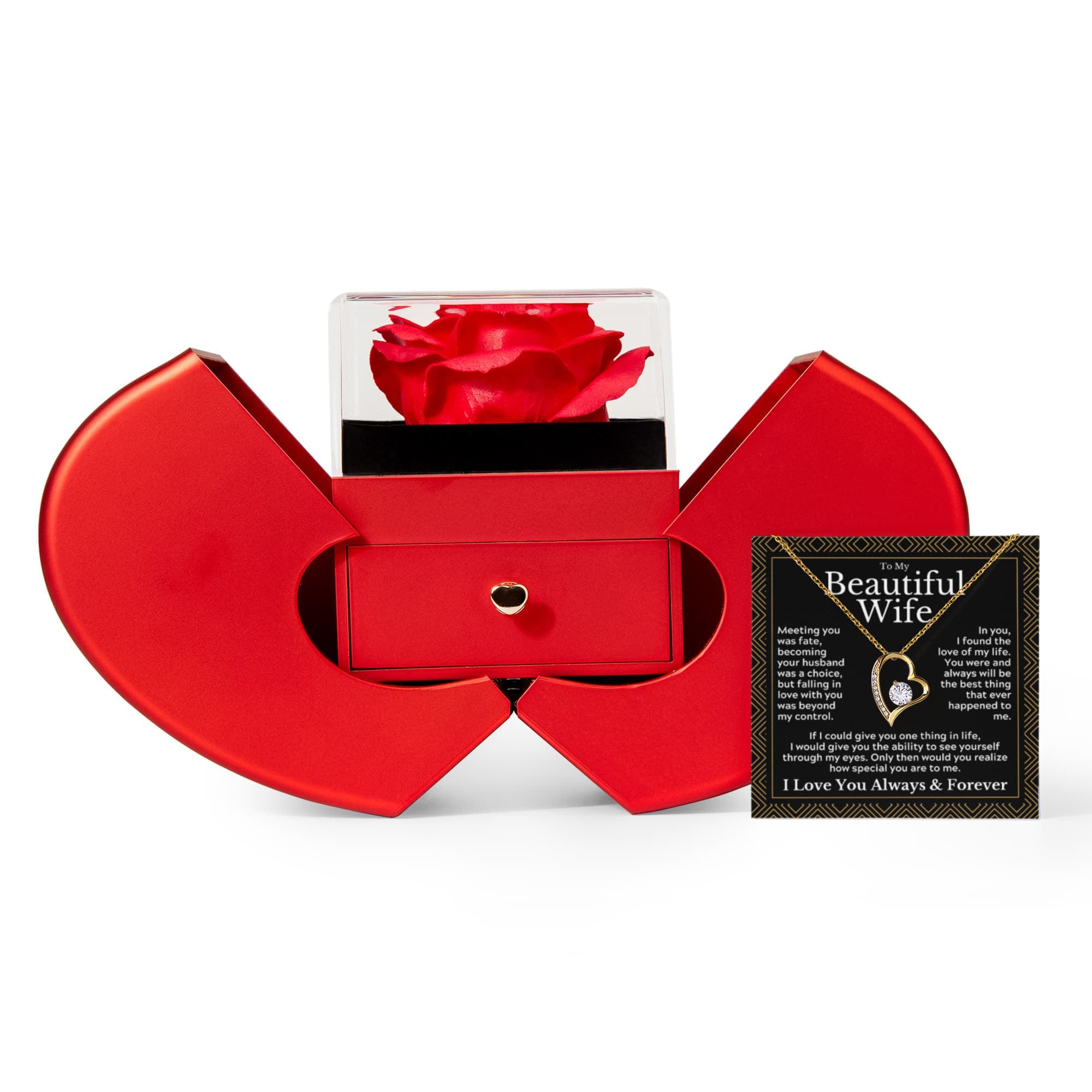 Eternal Rose Heart Gift Box with Forever Love Necklace – Romantic Anniversary Gift for Wife, Birthday & Valentine's Day Present
