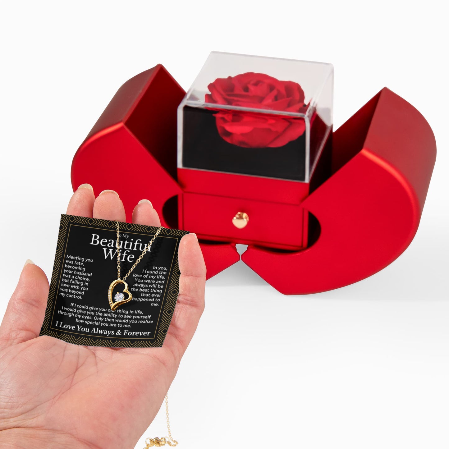 Eternal Rose Heart Gift Box with Forever Love Necklace – Romantic Anniversary Gift for Wife, Birthday & Valentine's Day Present