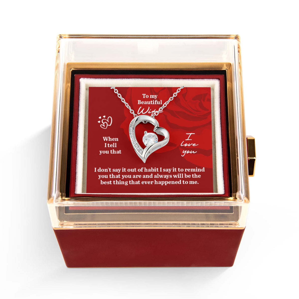 To My Beautiful Wife – Forever Love Heart Necklace with Preserved Rose Box | Romantic Gift for Anniversary, Birthday, or Christmas