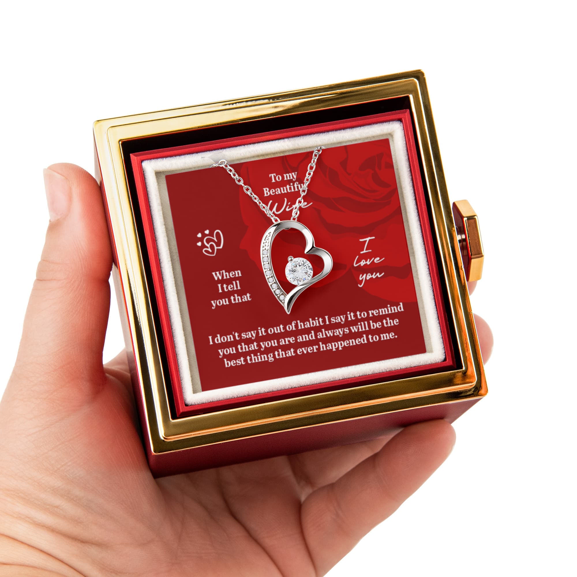 To My Beautiful Wife – Forever Love Heart Necklace with Preserved Rose Box | Romantic Gift for Anniversary, Birthday, or Christmas