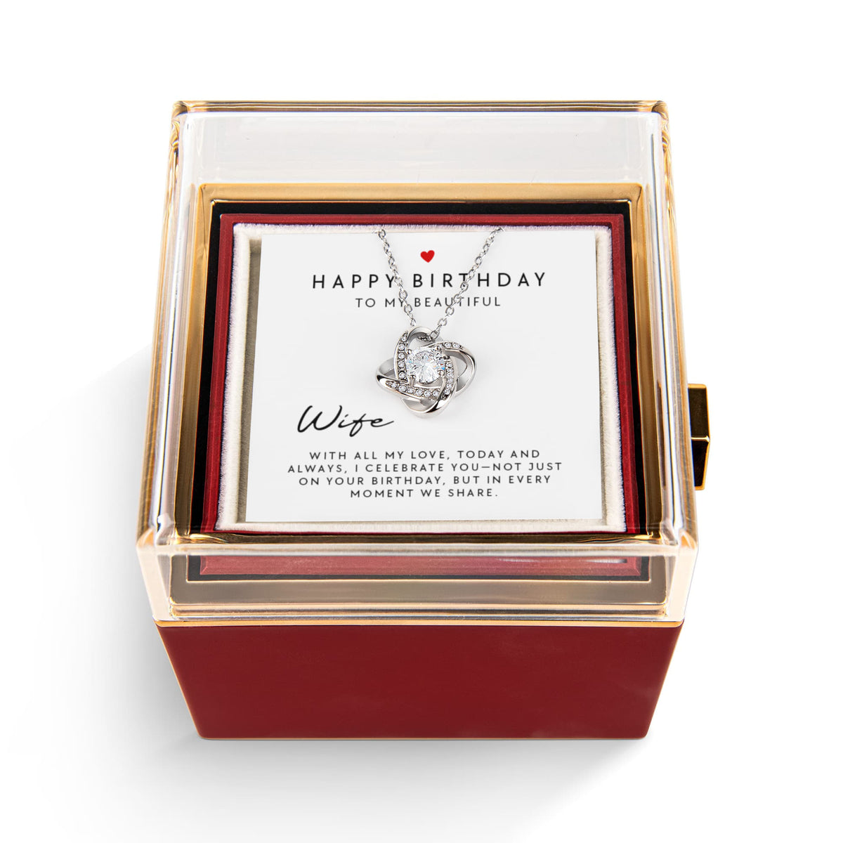 Love Knot Necklace in luxury gift box with red rose and message card reading “Happy Birthday to My Beautiful Wife” — romantic birthday gift for wife.