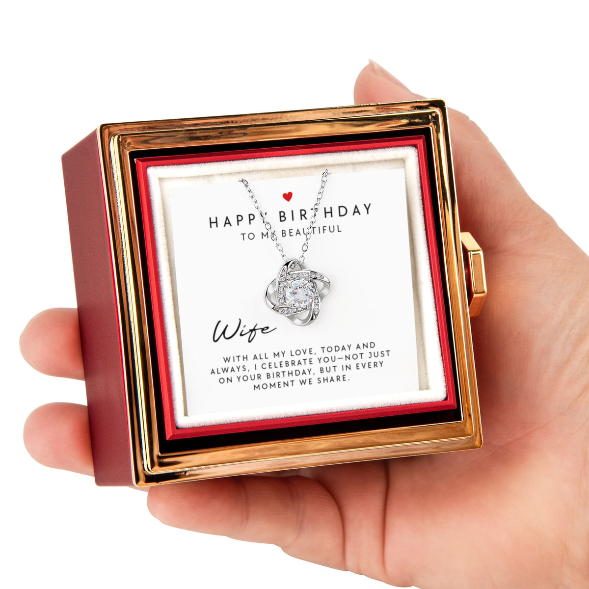 Love Knot Necklace in luxury gift box with red rose and message card reading “Happy Birthday to My Beautiful Wife” — romantic birthday gift for wife.