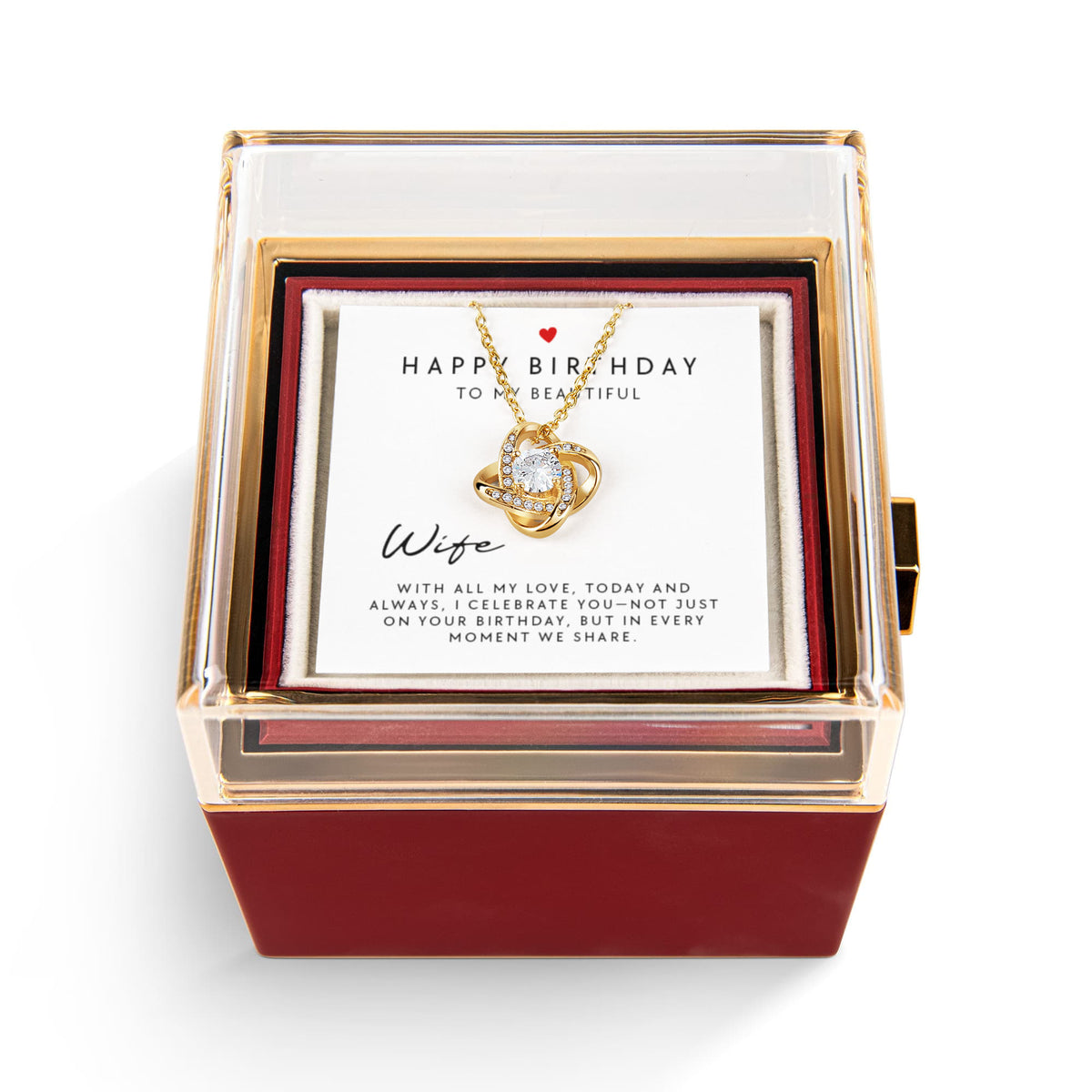 Love Knot Necklace in luxury gift box with red rose and message card reading “Happy Birthday to My Beautiful Wife” — romantic birthday gift for wife.