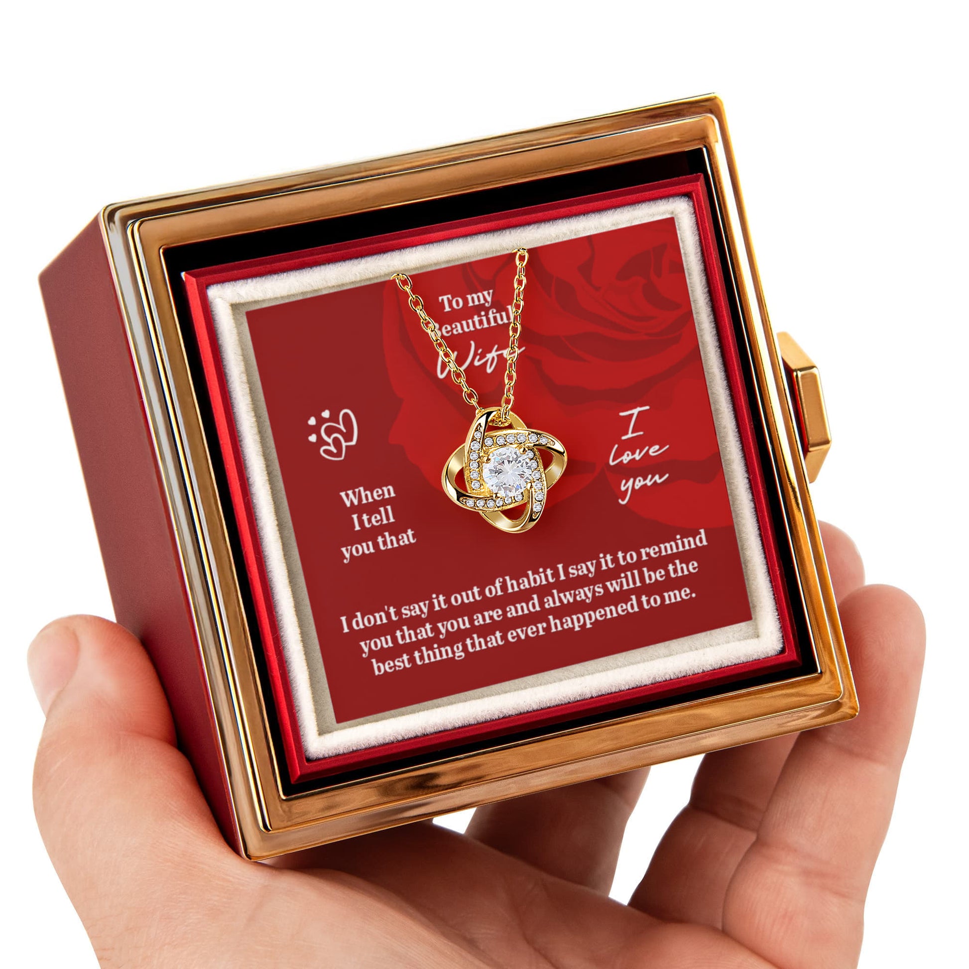 Romantic love knot necklace with message card reading “To My Beautiful Wife,” displayed in a luxury gift box — perfect wife anniversary gift.