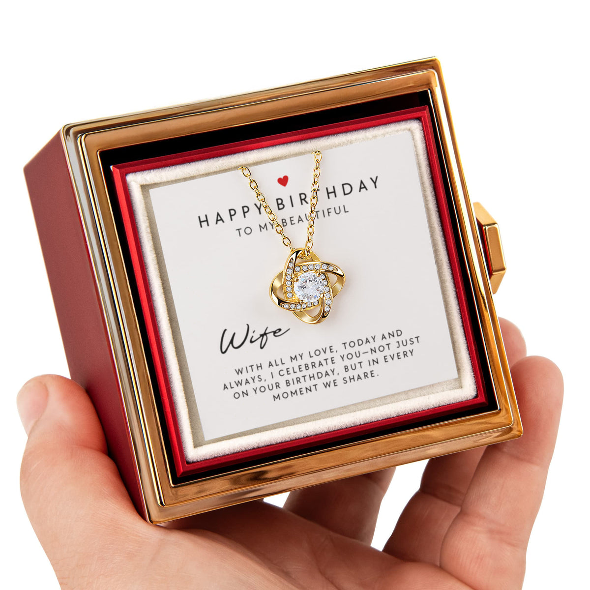Happy Birthday to My Beautiful Wife – Love Knot Necklace with Heartfelt Message Card | Romantic Birthday Gift for Wife