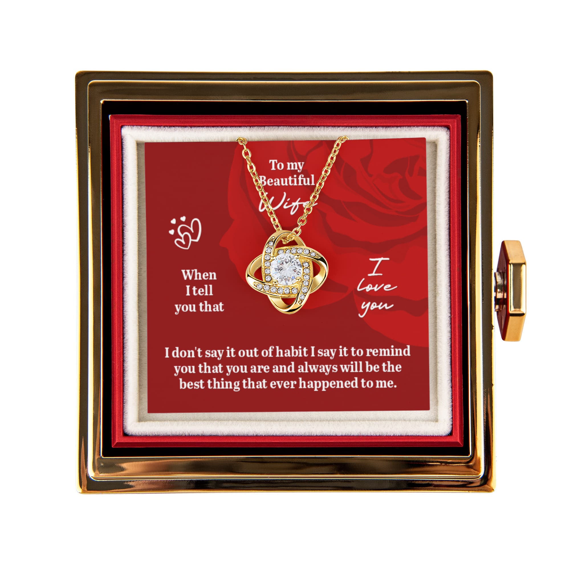 Romantic love knot necklace with message card reading “To My Beautiful Wife,” displayed in a luxury gift box — perfect wife anniversary gift.
