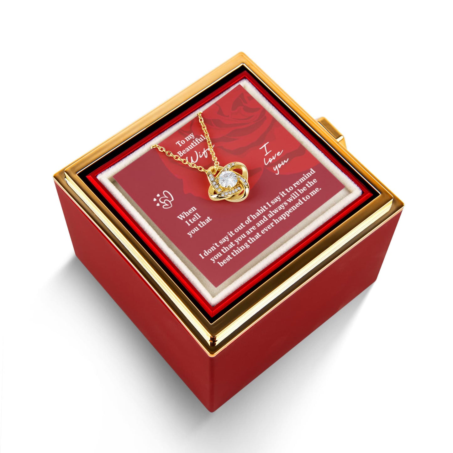 Romantic love knot necklace with message card reading “To My Beautiful Wife,” displayed in a luxury gift box — perfect wife anniversary gift.