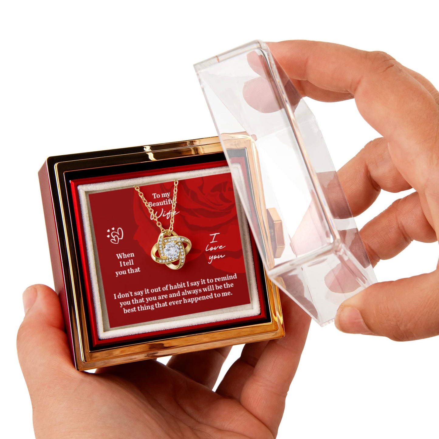 Romantic love knot necklace with message card reading “To My Beautiful Wife,” displayed in a luxury gift box — perfect wife anniversary gift.
