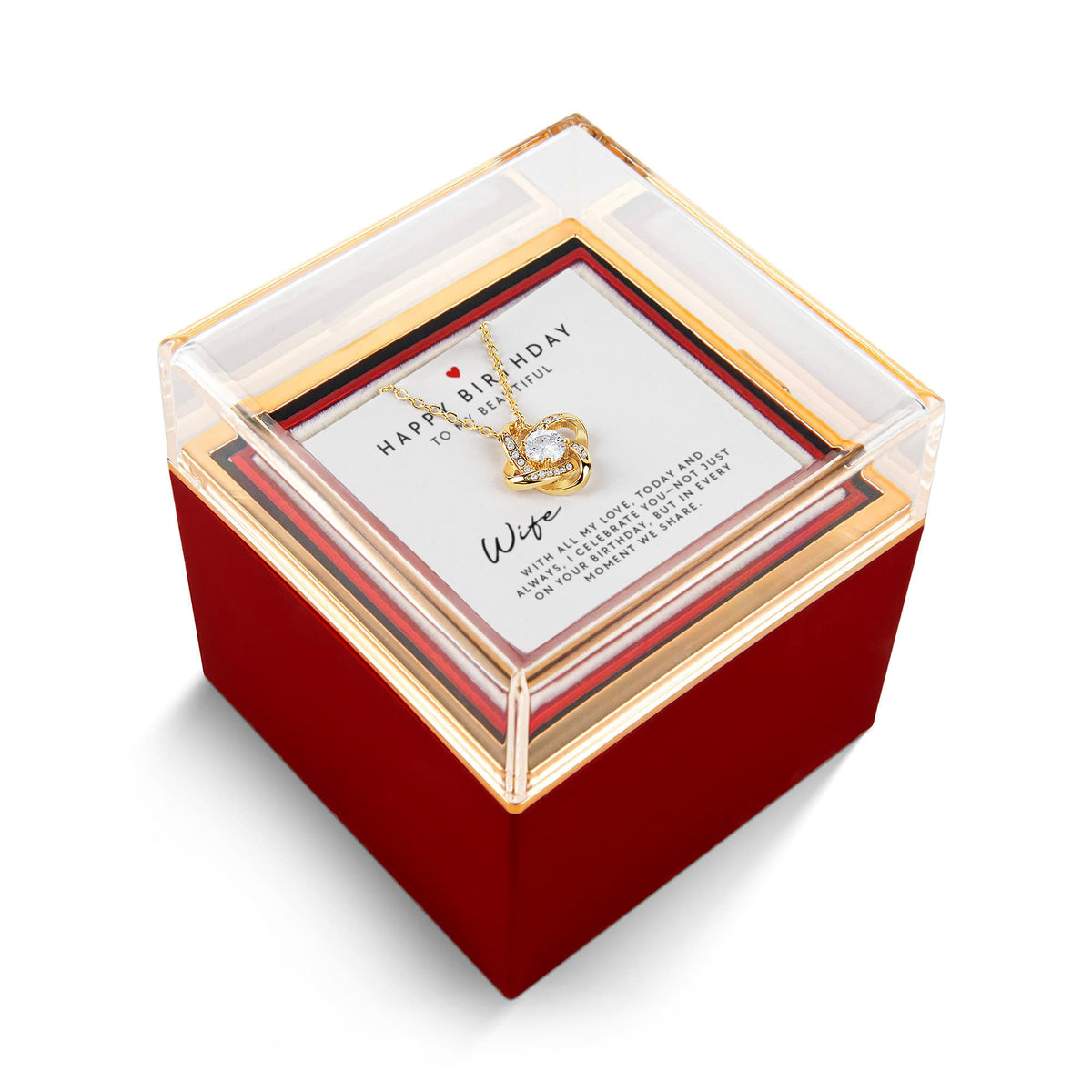 Happy Birthday to My Beautiful Wife – Love Knot Necklace with Heartfelt Message Card | Romantic Birthday Gift for Wife
