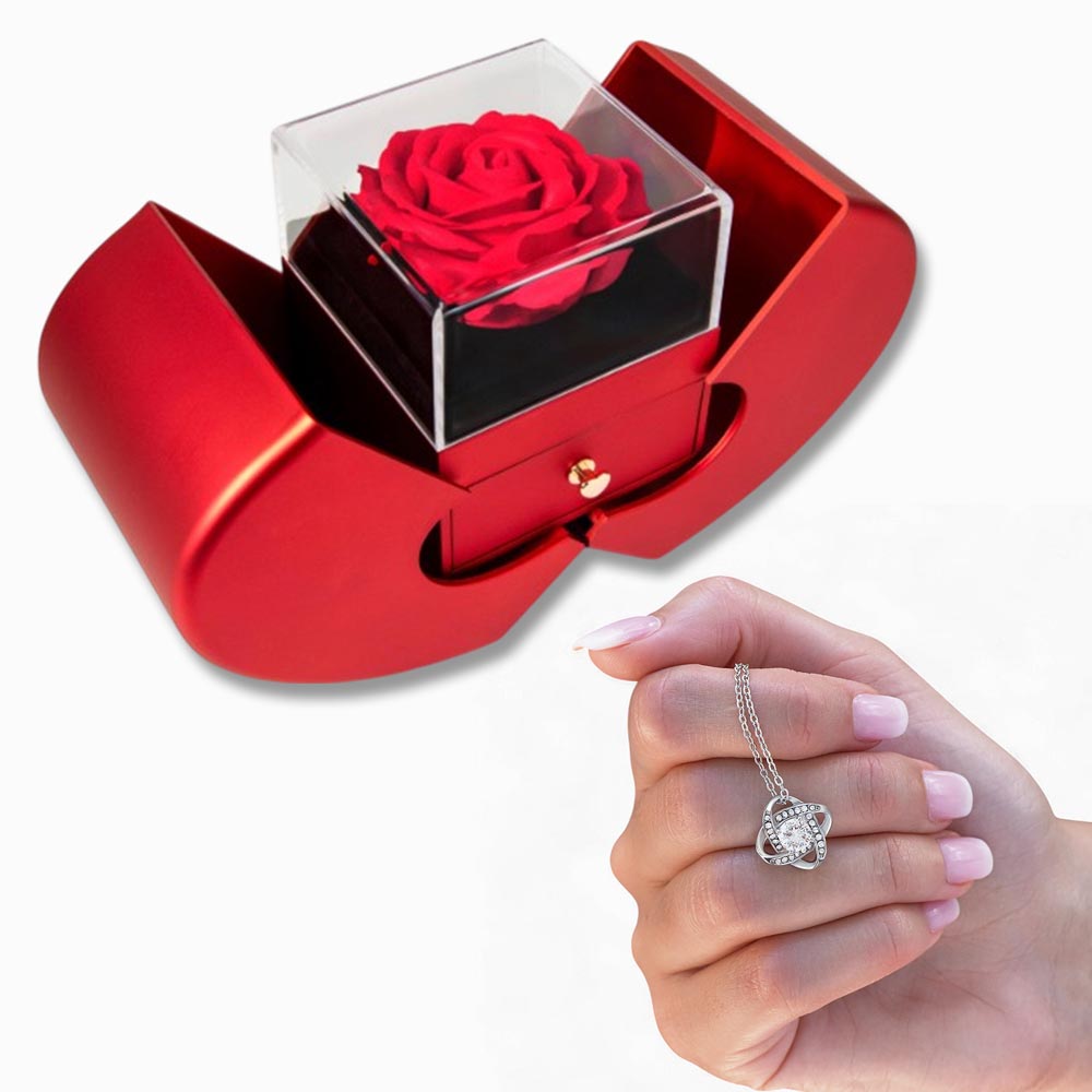 Red Heart Jewelry Box with Preserved Rose and Necklace