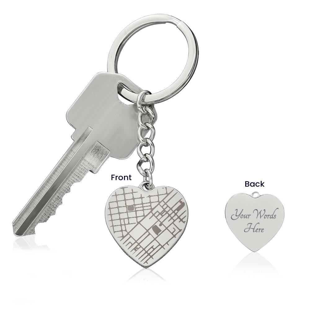 Custom Heart Map Keychain for Him & Her | Engraved Coordinates Dog Tag