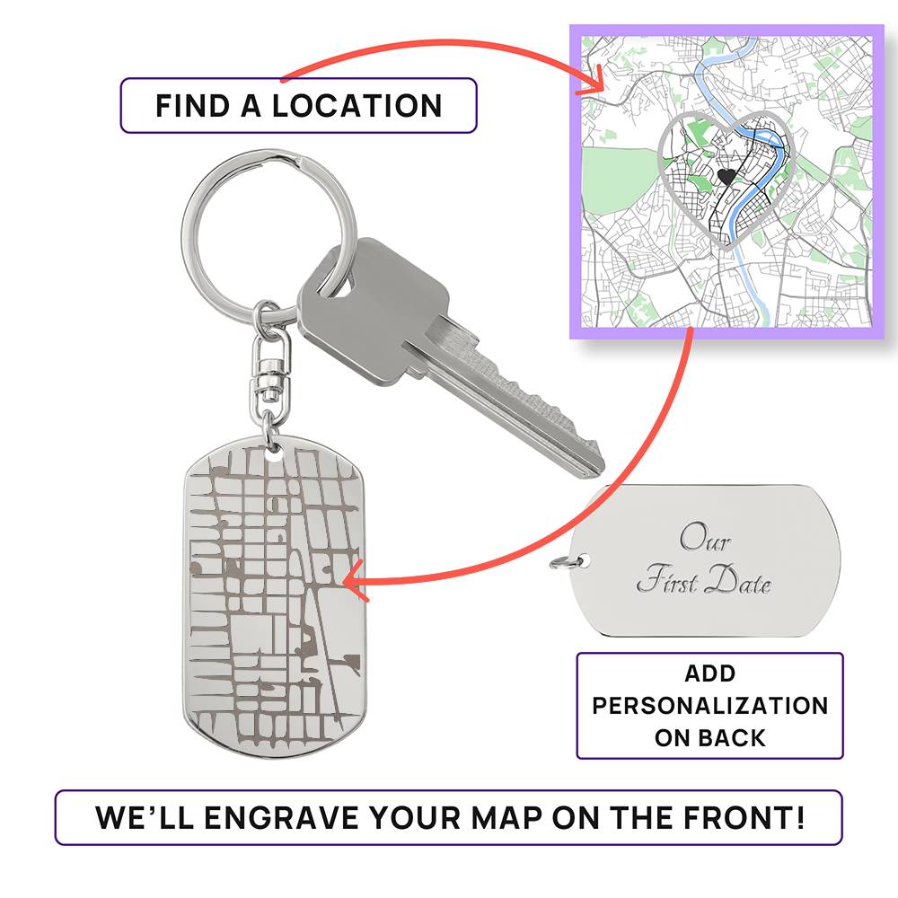 Unique Anniversary Map Keychain | Engraved Dog Tag for Special Locations