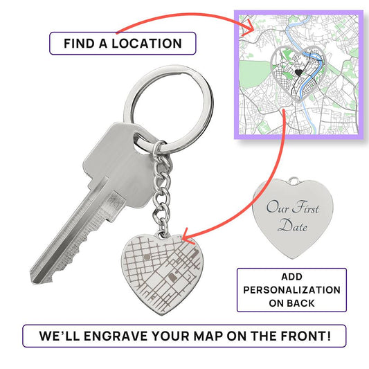 Custom Heart Map Keychain for Him & Her | Engraved Coordinates Dog Tag