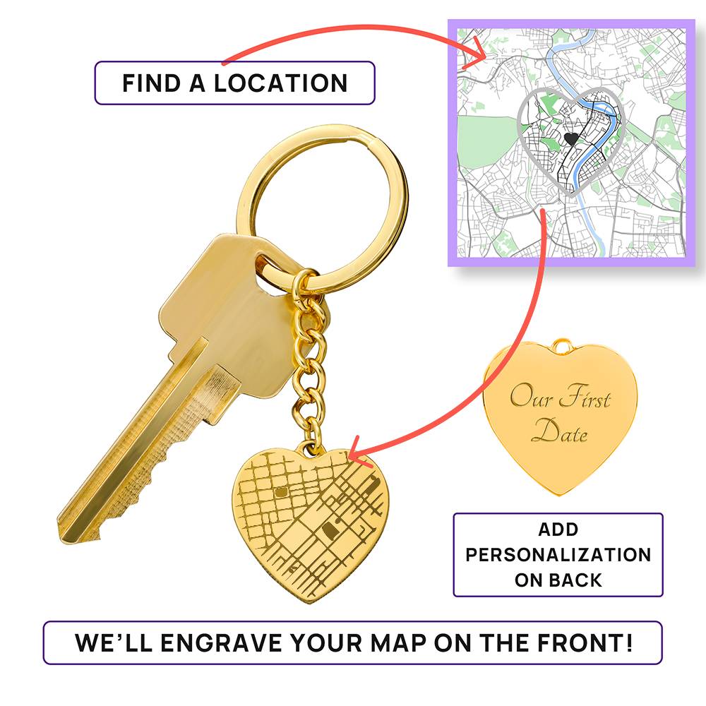 Custom Heart Map Keychain for Him & Her | Engraved Coordinates Dog Tag